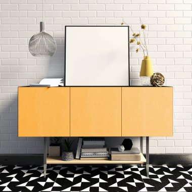 3D çizim, dolap, poster ve lamba ile modern iç.
