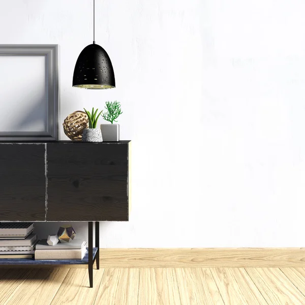 3D çizim, dolap, poster ve lamba ile modern iç.
