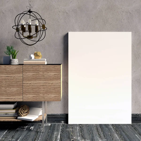 3D illustratie, modern interieur met credenza, poster en lamp. — Stockfoto