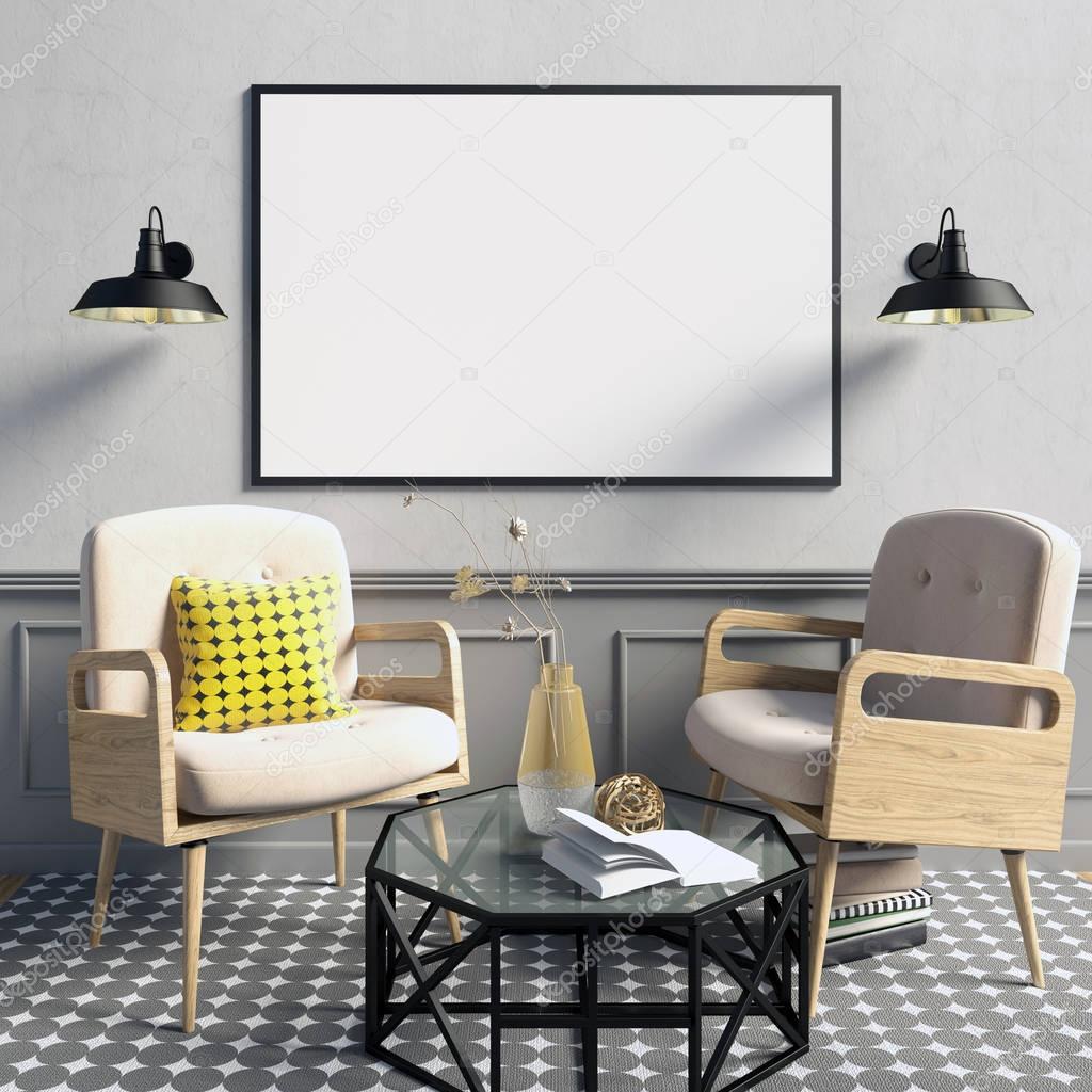 3d illustration, modern interior with frame, poster and chair. p