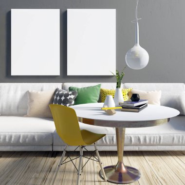 Zıt renkler içinde rahat modern oturma odası iç.  