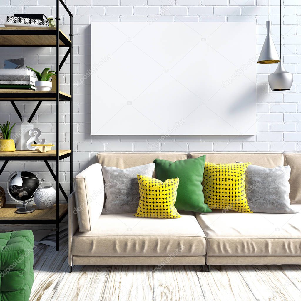Modern light interior in the style loft, consisting of a shelf w