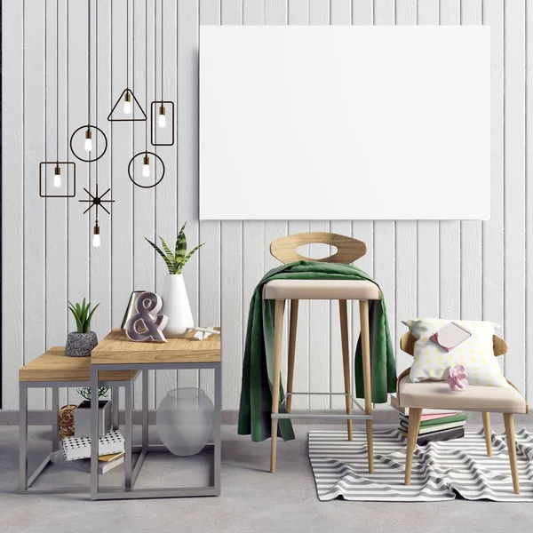 3D-Illustration, modernes Interieur mit Rahmen, Poster und Stuhl. p — Stockfoto