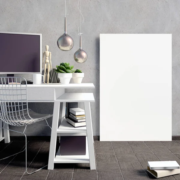 Modern ışık iç tarzı çatı katında, bir yer için çalışma, eksilerini