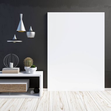 3D çizim, dolap, poster ve lamba ile modern iç.