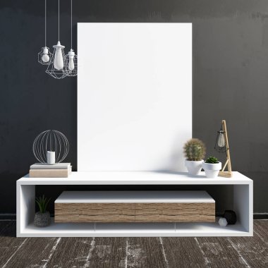 3D çizim, dolap, poster ve lamba ile modern iç.