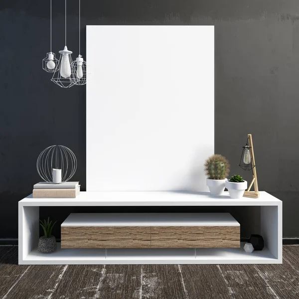 3D çizim, dolap, poster ve lamba ile modern iç.