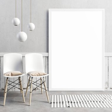 3D Resim, çerçeve, poster ve sandalye ile modern iç. p