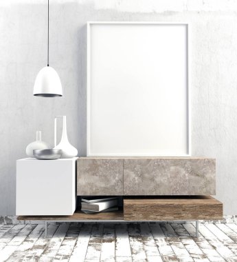 3D çizim, dolap, poster ve lamba ile modern iç.