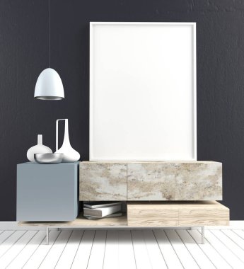 3D çizim, dolap, poster ve lamba ile modern iç.