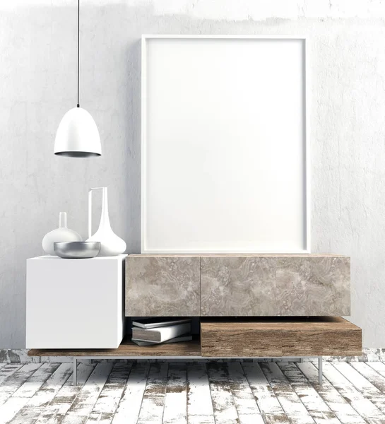 3D çizim, dolap, poster ve lamba ile modern iç.