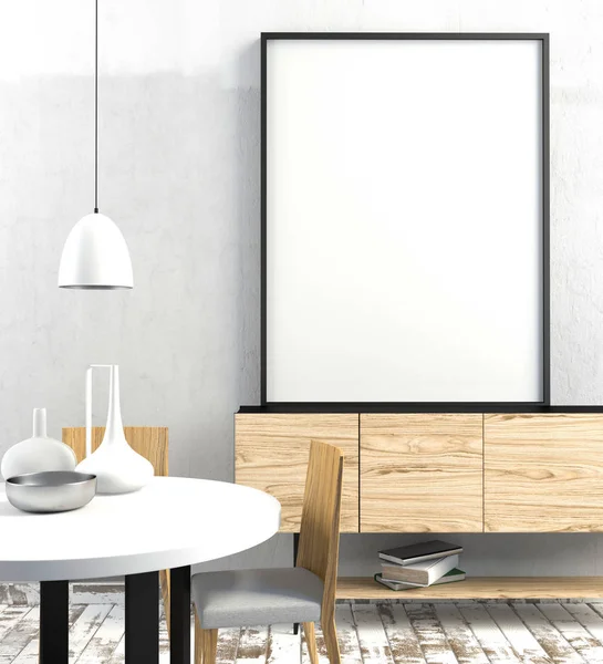 Vysmívat se plakát v interiéru s jídelní částí. obývací pokoj v moderním stylu. — Stock fotografie