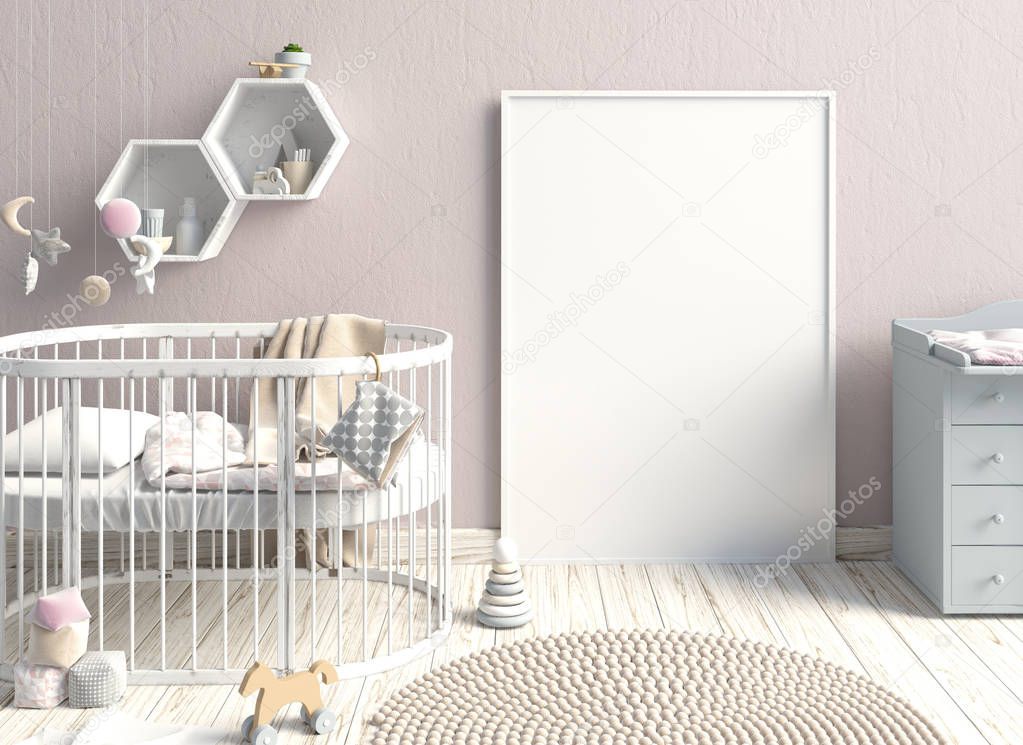 Mock up poster in interior of the child. sleeping place. modern 