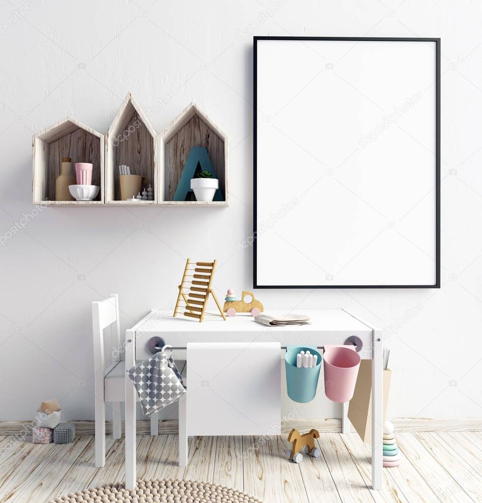 Mock up poster in interior of the child. playroom. modern style.