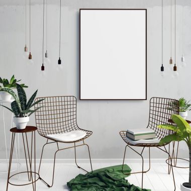 3D Resim, çerçeve, poster ve sandalye ile modern iç. p