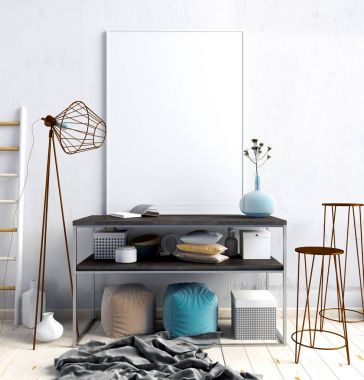 raf, posterler ve la modern iç 3D çizimi