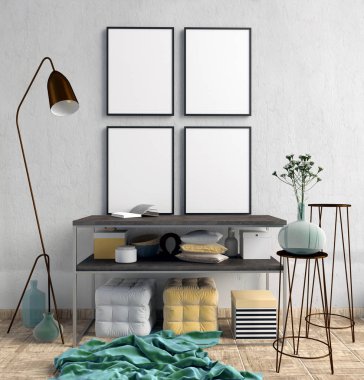 raf, posterler ve la modern iç 3D çizimi