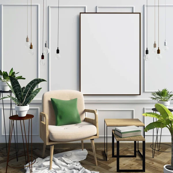 3D Resim, çerçeve, poster ve sandalye ile modern iç. p