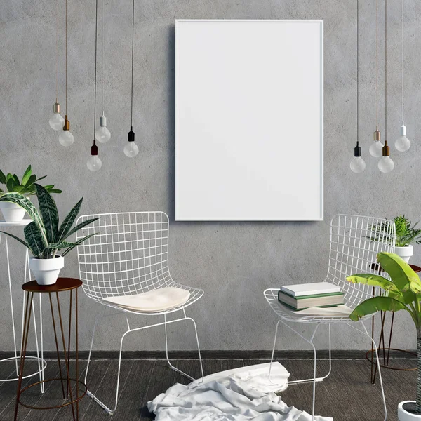 3D Resim, çerçeve, poster ve sandalye ile modern iç. p