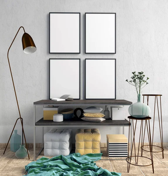 raf, posterler ve la modern iç 3D çizimi