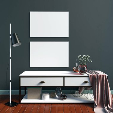 raf, posterler ve la modern iç 3D çizimi