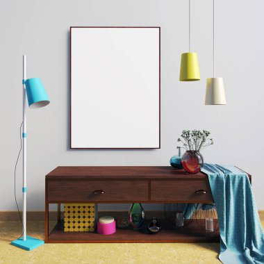 raf, posterler ve la modern iç 3D çizimi