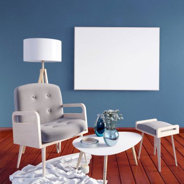 3D Resim, çerçeve, poster ve sandalye ile modern iç. p