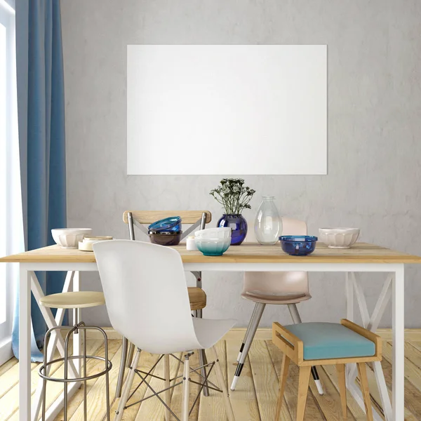 Vysmívat se plakát v interiéru s jídelní částí. moderní obývací pokoj — Stock fotografie