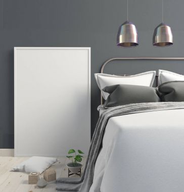 Yatak odası iç posterdeki alay. Yatak odası İskandinav tarzı. 