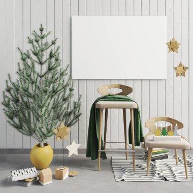 İskandinav tarzı modern Noel iç. 3D çizim