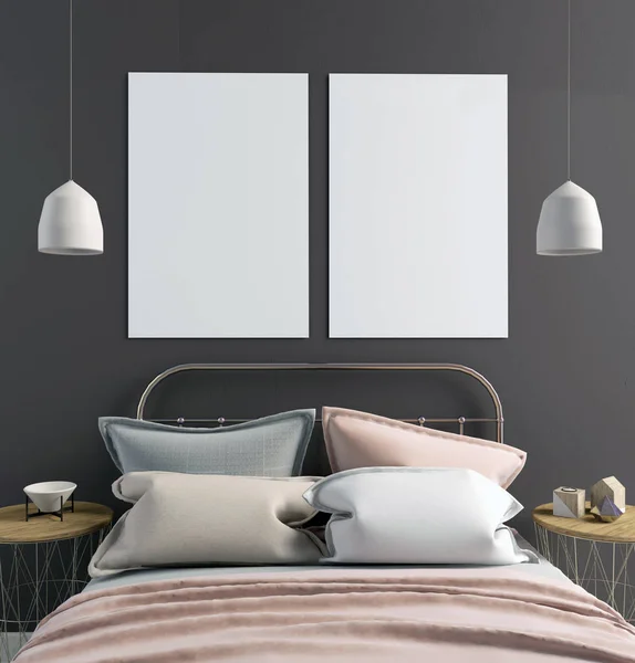 Vysmívat se plakát v interiéru ložnice. Skandinávský styl ložnice. — Stock fotografie
