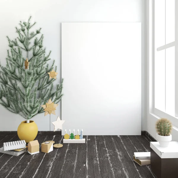Nowoczesne wnętrze Christmas stylu skandynawskim. ilustracja 3D — Zdjęcie stockowe