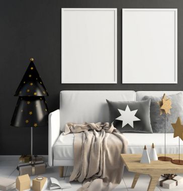 İskandinav tarzı modern Noel iç. 3D çizim