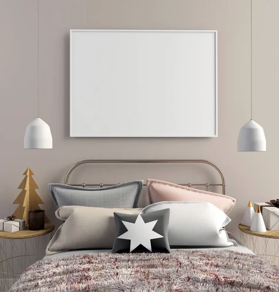 Yatak Odası, İskandinav tarzı modern Noel iç. 3D hasta