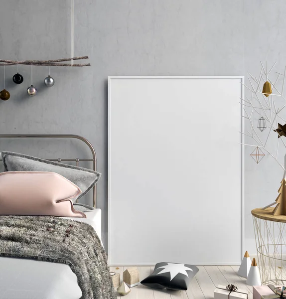 Yatak Odası, İskandinav tarzı modern Noel iç. 3D hasta