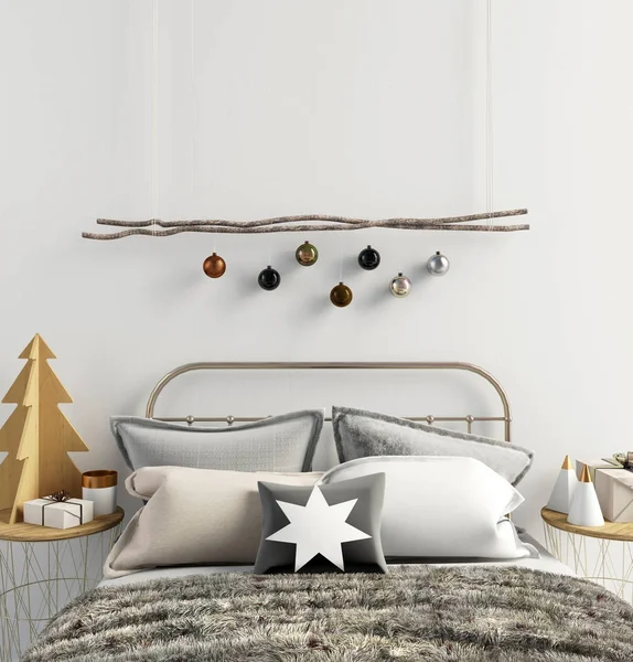 Nowoczesne wnętrze Boże Narodzenie styl skandynawski, sypialnia. źle 3D — Zdjęcie stockowe