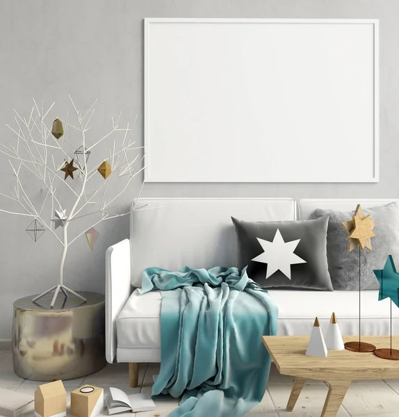 现代圣诞节的斯堪的纳维亚风格的室内装饰。3d 图 — 图库照片