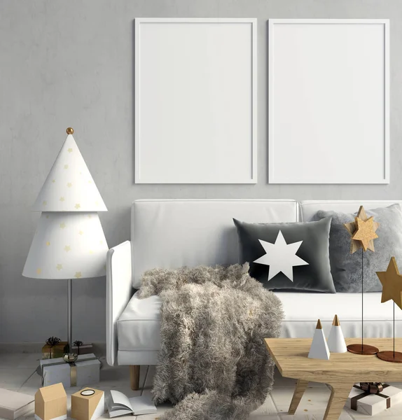 İskandinav tarzı modern Noel iç. 3D çizim