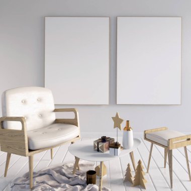 Modern Noel iç, İskandinav tarzı. 3D çizim. 