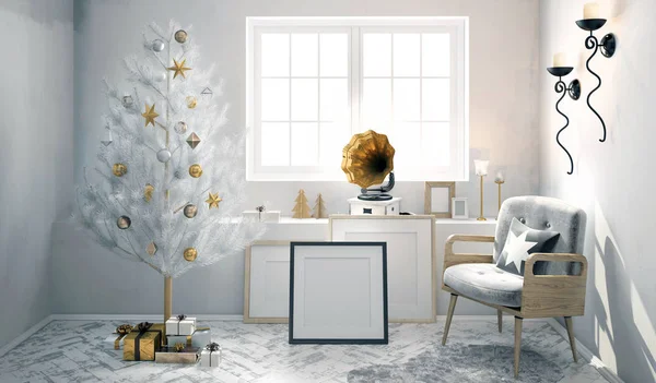 Interior retro con fonógrafo y brillante árbol de Navidad. 3D il —  Fotos de Stock