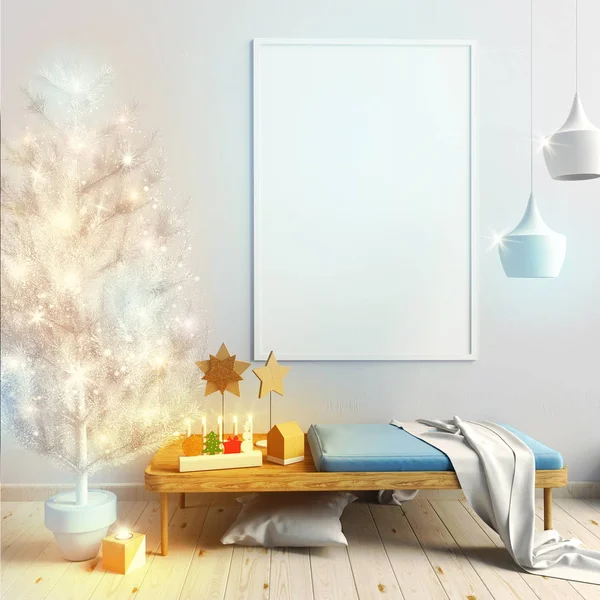 现代圣诞室内的闪光 lig 斯堪的纳维亚风格 — 图库照片