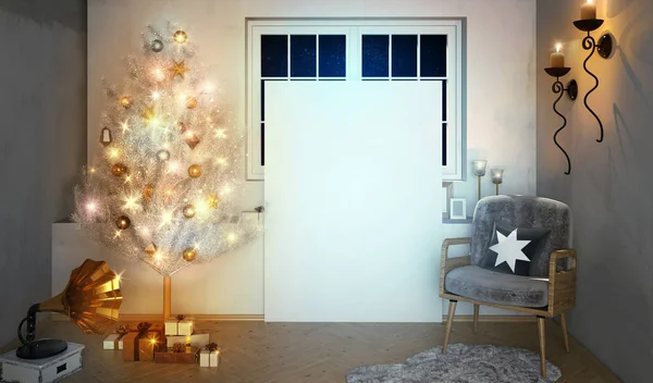 Interno retrò con fonografo e brillante albero di Natale. 3D il — Foto Stock