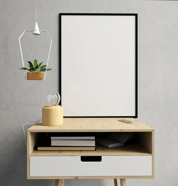 Modern interieur met nachtkastje, posters en lampen. poster ma — Stockfoto