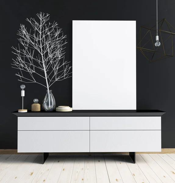 Modern interieur met credenza, posters en lampen. poster mock up — Stockfoto