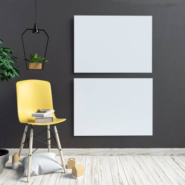 Poster ve sandalye ile modern iç. Poster kadar sahte. 3D illust