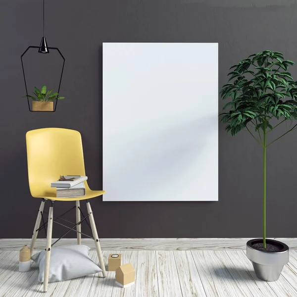 Modern interior with poster and chair. poster mock up. 3d illust — Stock Photo, Image