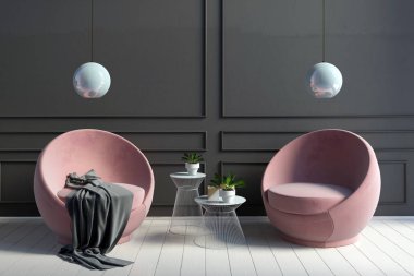 Modern iç kahve masa ve sandalyeler çifti. Duvar sahte 