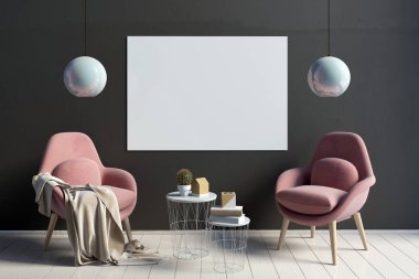 Modern iç kahve masa ve sandalyeler çifti. Poster moc