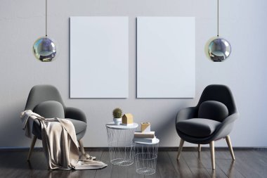Modern iç kahve masa ve sandalyeler çifti. Poster moc