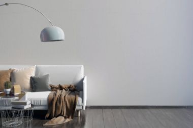 Sehpa ve Kanepeli modern iç. Duvar kadar sahte. 3D hasta
